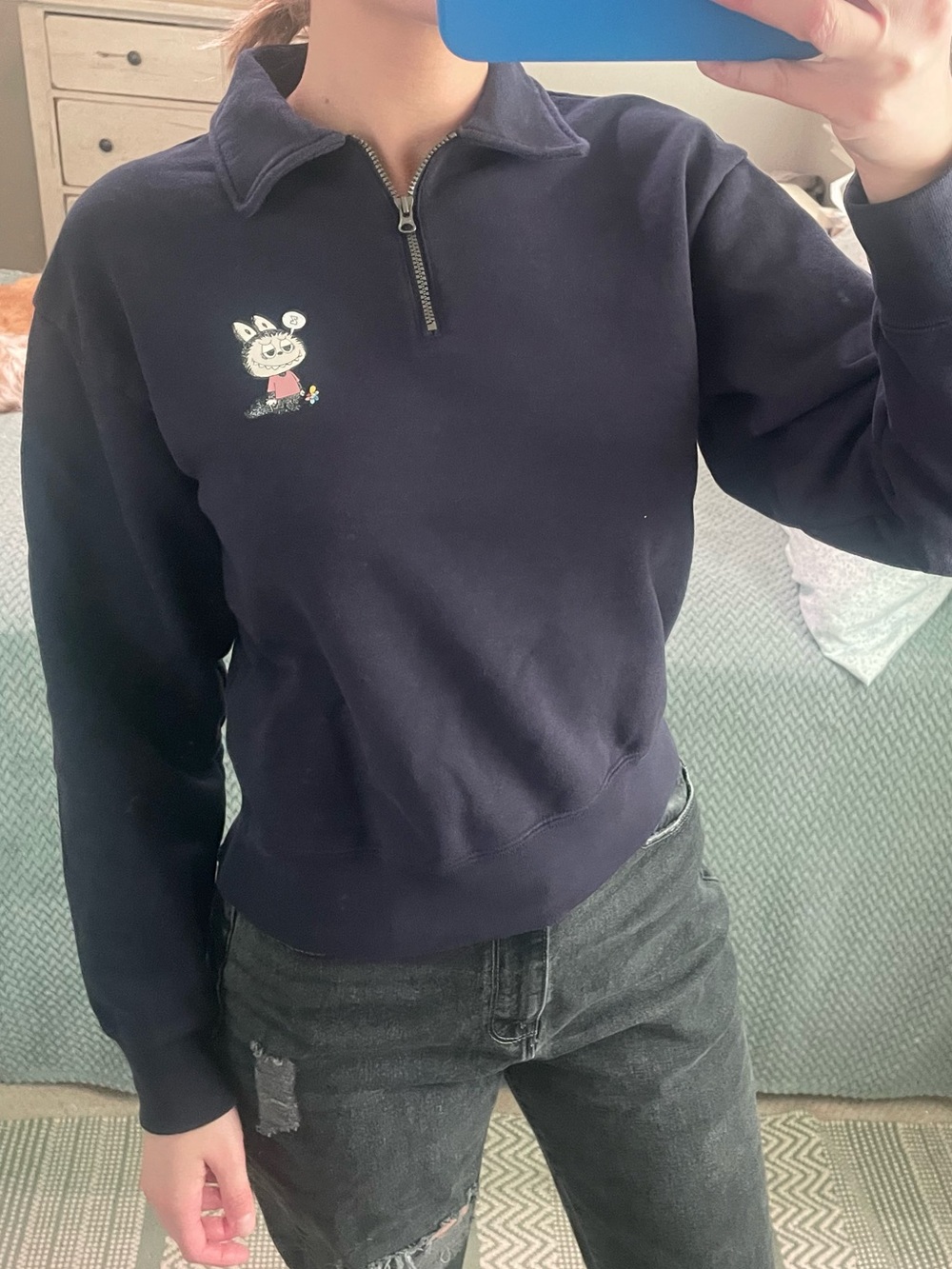 Uniqlo Navy Half-Zip Sweatshirt with labubu